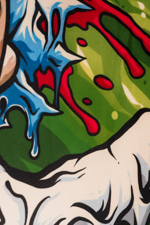 Vividly Illustrated Close-Up of a Comic-Style Character with Blue Hair and Dripping Blood.の写真素材