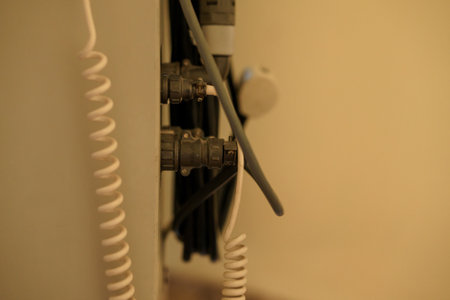 Close-up of Electrical Wiring and Connectors in a Wall-mounted Setup.