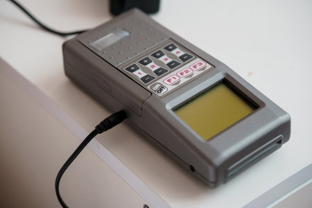 Vintage Electronic Device with Numeric Keypad and Display Screen.