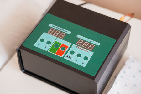 Medical Device Control Panel with Digital Displays and Buttons.