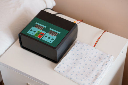 Medical Device on a Nightstand Next to a Blue Star-Patterned Cloth.の写真素材