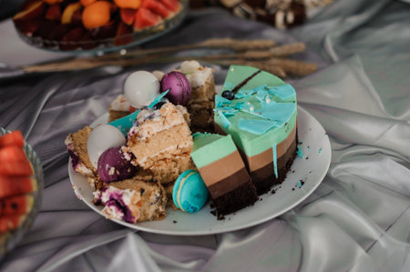 Colorful Dessert Platter Featuring Assorted Cakes and Macarons.