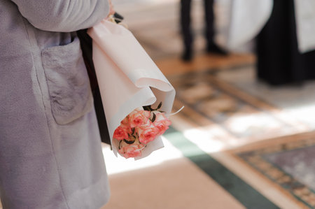 Elegant Bouquet of Pink Roses in a Soft-Colored Wrap.の写真素材