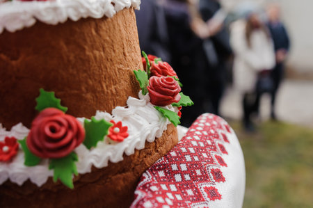 Vibrant Decorative Cake with Traditional Floral Accents at a Celebration.の写真素材