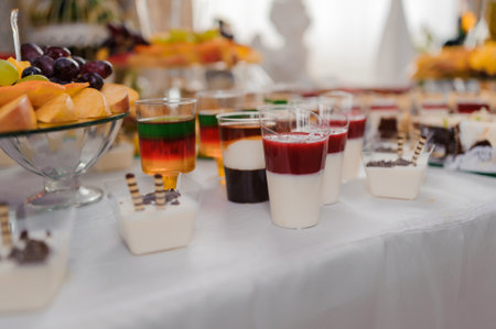Colorful Dessert Table Featuring Assorted Gelatin and Cream Treats.の写真素材