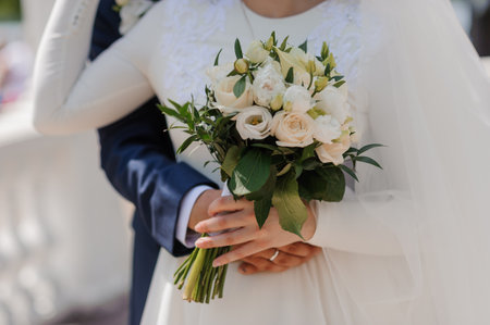Romantic Outdoor Wedding Ceremony with Beautiful Bridal Bouquet.