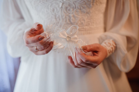Elegant Bride Holding a Delicate Wedding Garment.の写真素材