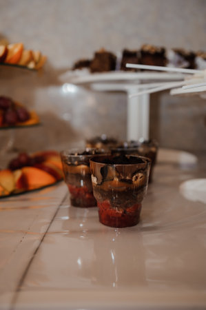 Elegant Dessert Display Featuring Chocolate and Fruit Cups.の写真素材