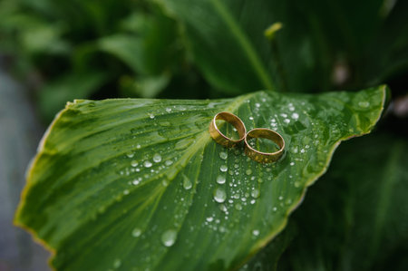 Two Gold Wedding Rings on a Leaf with Raindrops.の写真素材