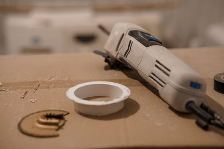 Detailed Workspace with Power Tools and Accessories for Home Improvement Projects.の写真素材