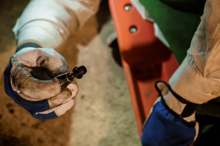 Close-Up of a Technician Holding a Metal Component with Gloves in an Industrial Setting.
