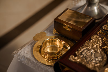Ornate Golden Religious Objects on a Table.の写真素材