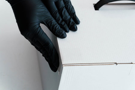Close-up of Black Gloved Hands Carefully Handling White Cardboard Box Packaging.の写真素材