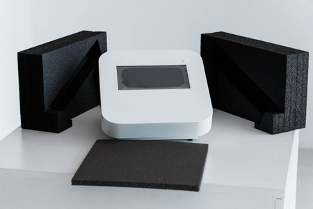 Modern Tech Device with Protective Black Foam Packaging on White Table.