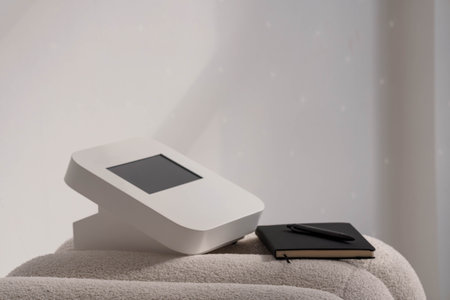 Modern Minimalistic White Device with Digital Screen Resting on Soft Fabric Sofa beside Closed Notebook and Pen in Sleek Contemporary Interior.の写真素材