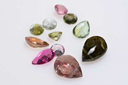 Collection of Polished Multicolored Tourmaline Gemstones Isolated on Bright White Background.の写真素材