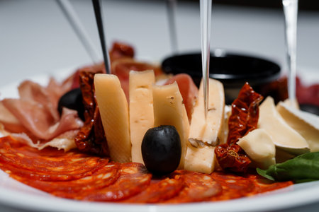 Close-up of a delicious charcuterie board with various meats, cheeses, olives, and sun-dried tomatoes ready to be enjoyed as an appetizer.の写真素材