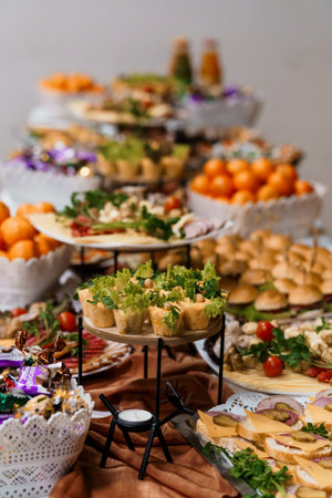 This image showcases a vibrant holiday buffet overflowing with an abundance of delicious appetizers,...