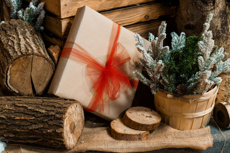A beautifully wrapped gift with red ribbon sits amongst logs, pine branches, and a wooden bucket creating a warm winter holiday atmosphereの写真素材