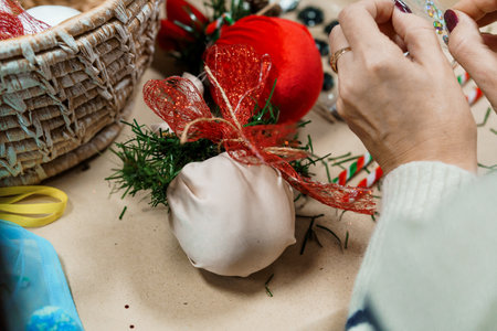 Cozy shot depicts hands crafting a festive Christmas wreath using red ornaments, ribbon, and fir...