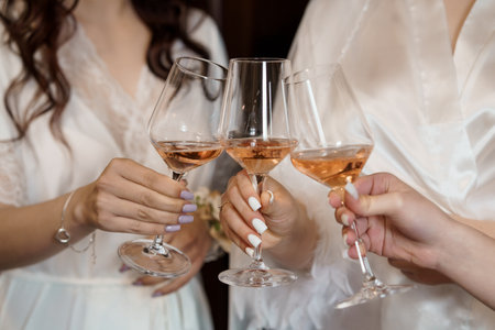 Elegant women clink glasses of pink rose wine while wearing silky white robes, a pre-wedding celebration, intimacy, friendship, and luxurious atmosphereの写真素材