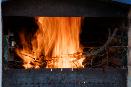 Close-up shot showcasing a blazing fire within a traditional brick oven, ideal for rustic cooking scenes, outdoor grilling themes, or illustrating warm culinary settingsの写真素材