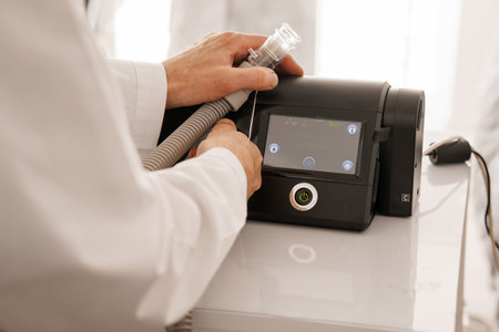 A doctor connects a CPAP hose to a modern sleep apnea machine with a digital screen, demonstrating...