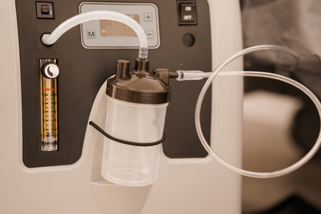 Close-up of a medical oxygen concentrator machine connected to a humidifier bottle with a flow meter, highlighting essential respiratory care technology in a clinical environmentの写真素材