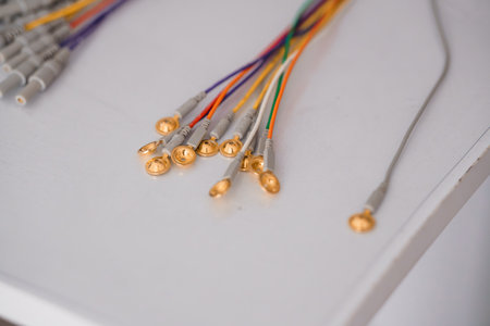 Detailed view of multiple colorful EEG electrode wires and gold sensor tips arranged on a white...