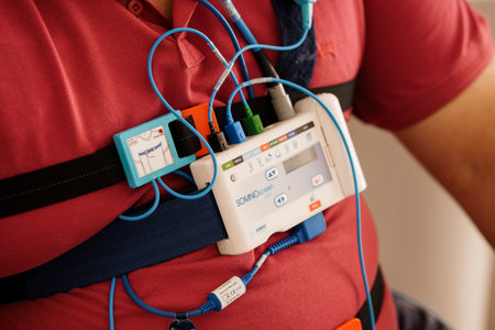 A patient wearing a portable polysomnography (PSG) device on their back during a sleep study,...