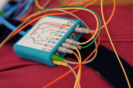 Close-up view of a polysomnography (PSG) system interface with multiple colorful wires connected for sleep study analysis, showing diagnostic equipment used in medical researchの写真素材