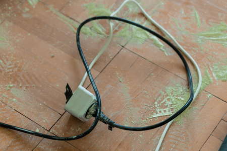 An image showcases a damaged electrical plug and cord lying on a red tile floor covered with green...