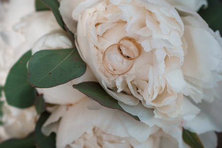 Close-up shot of elegant gold wedding rings resting delicately on the petals of a pristine white peony bouquet, signifying love, commitment, and a romantic occasionの写真素材