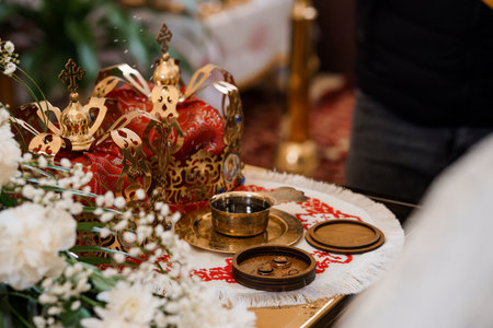 Close-up view of an Orthodox Christian wedding ceremony, featuring ornate golden crosses and rings presented on a red velvet cloth with delicate white baby's breath flowers. religious traditionの写真素材