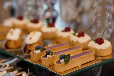 Beautiful close-up shot showcases an arrangement of delectable rectangular tartlets decorated with...