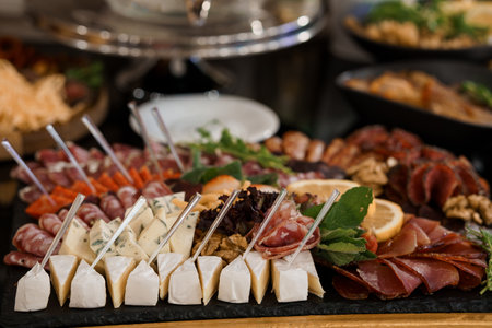 A beautifully arranged charcuterie board laden with prosciutto, various cheeses, colorful carrots, fresh herbs, and walnuts is showcased at an upscale catering buffetの写真素材