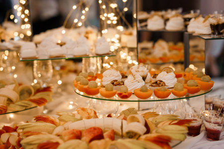 A lavish dessert buffet features tiered stands showcasing colorful fruit tartlets, cream-filled pastries, and fresh fruit, illuminated by twinkling warm lights. ideal for wedding, party, or celebration imageryの写真素材