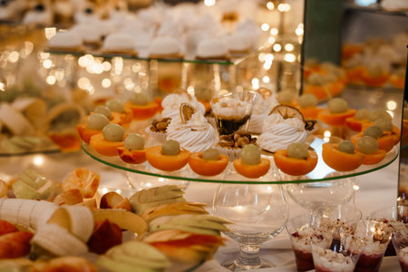 Luxurious wedding dessert spread showcases layered pastries, fresh oranges, grapes, and creams, illuminated by warm lights creating a festive mood for special eventsの写真素材