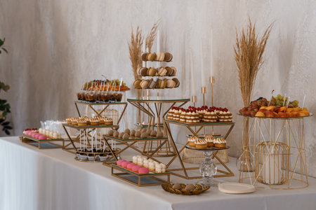 A beautifully arranged dessert table features a tiered cake stand, fruit platters, and assorted...