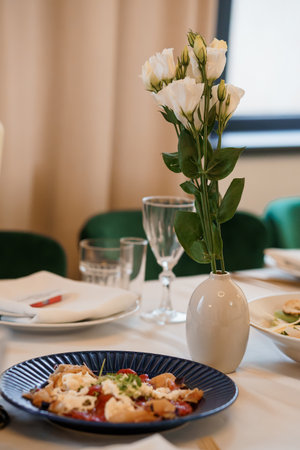 Elegant Dinner Setting with Pasta Dish, White Flowers in Vase, and Fine Glassware Stylish Restaurant Interior, Peach Tonesの写真素材