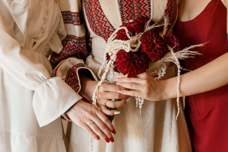 A close-up shot of two women embracing, holding a vibrant red dahlia bouquet. They wear beautifully embroidered traditional Ukrainian Vyshyvanka shirts, conveying love and cultural heritage.の写真素材