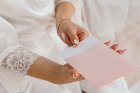 A close-up depicts shots of a woman in a white lace robe delicately opening a pastel peach wedding invitation with a gold fastening. it conveys a sense of anticipation and romanceの写真素材