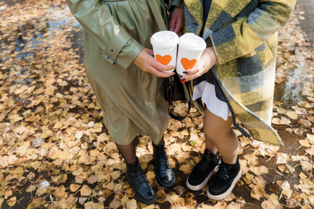 A charming scene depicts two individuals enjoying autumn with coffee cups featuring heart designs, set against a backdrop of fallen leaves, showcasing cozy fall fashion and a warm, inviting moodの写真素材