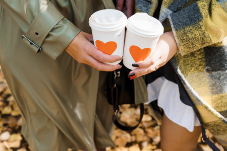 A close-up shot shows two people holding white coffee cups adorned with orange heart stickers, suggesting a shared moment during autumn. cozy plaid and a stylish olive trench coat indicate a fall lifestyle sceneの写真素材