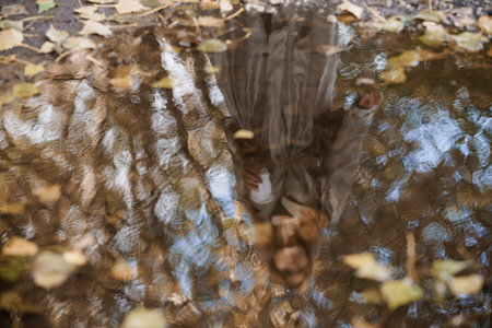 Reflective Autumn Forest Scene: Person Gazing into Water, Brown Leaves, Trees, Moody Atmospheric Landscape Photography, Natural Light, Stillness.の写真素材
