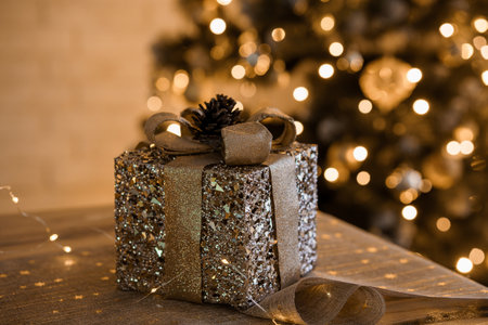 Sparkling Gold Glitter Gift Box with Pinecone Bow Near Christmas Tree Lights in Warm Holiday Settingの写真素材