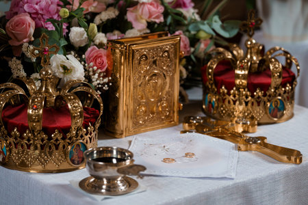 Sacred Orthodox Christian wedding ceremony setup featuring golden crowns, religious books, rings,...