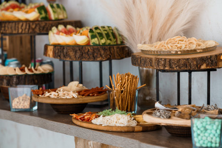 A beautifully arranged rustic buffet featuring wood slice stands, fresh fruit slices, assorted crackers, puffed snacks, and decorative pampas grass in a warm, inviting setting ideal for parties or gatheringsの写真素材