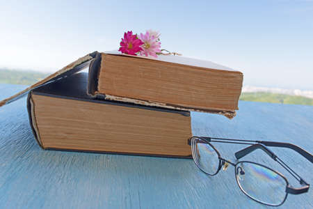 Glasses with old books and flowers aster on wooden blue table background of the beautiful sky