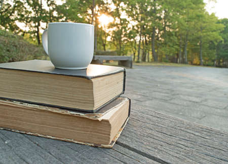 Stack of books and cup on wooden table on natural blurred background sunrise. Back to school. Copy spaceの写真素材